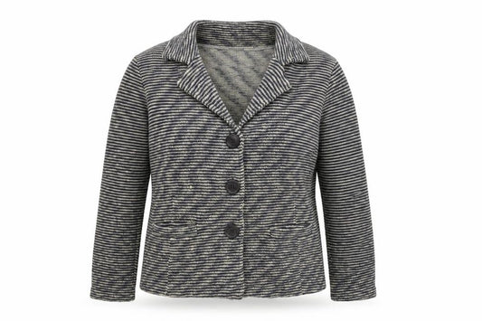 Front view of Adini women’s multicoloured geometric jacket, size UK 12, button