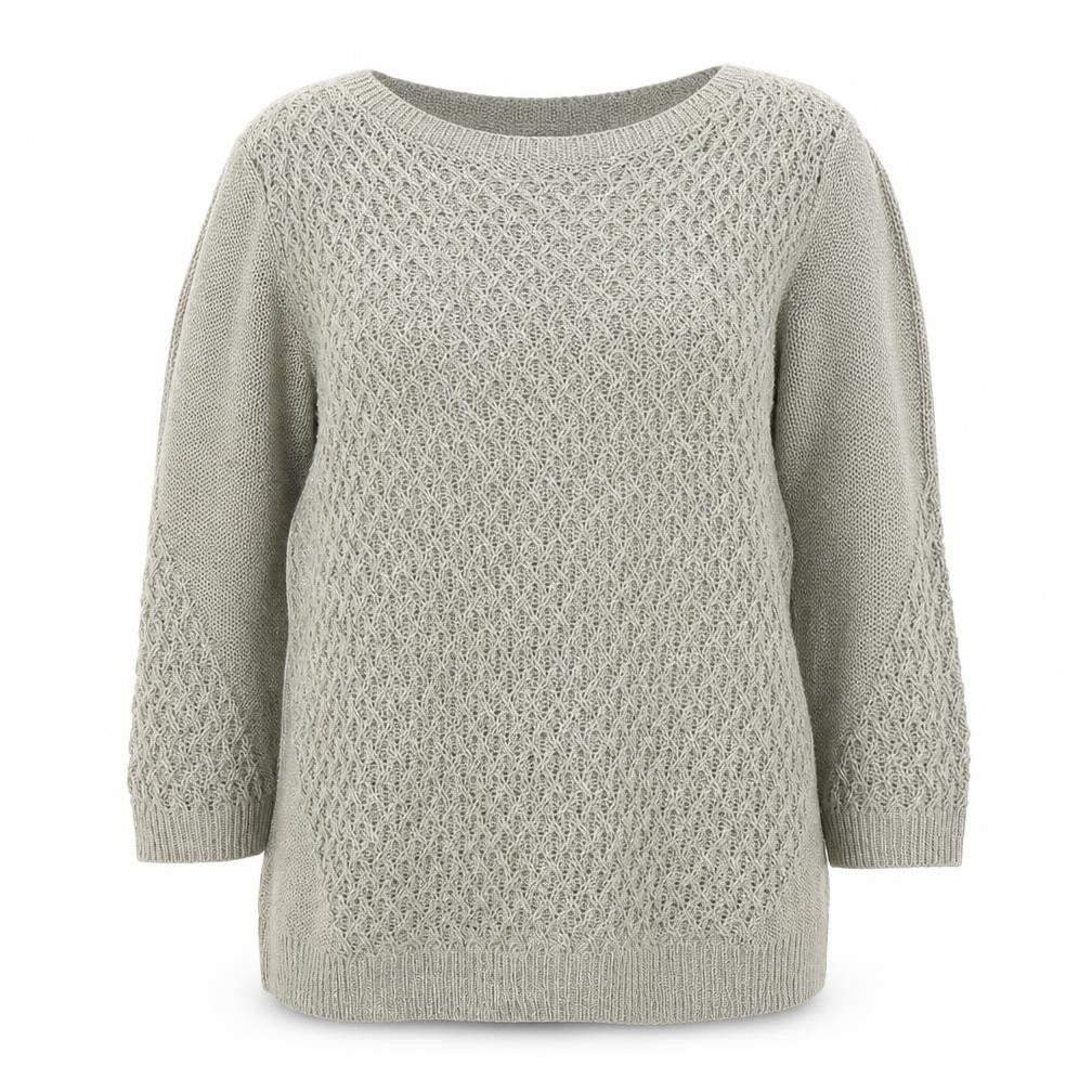 Front view of Per Una women’s beige round neck acrylic jumper, size UK 14