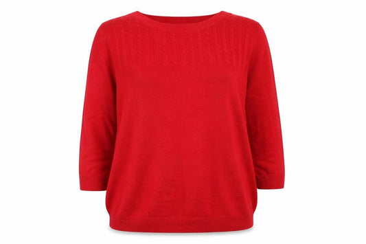 Front view of BHS women’s red round neck acrylic henley jumper, size UK 14
