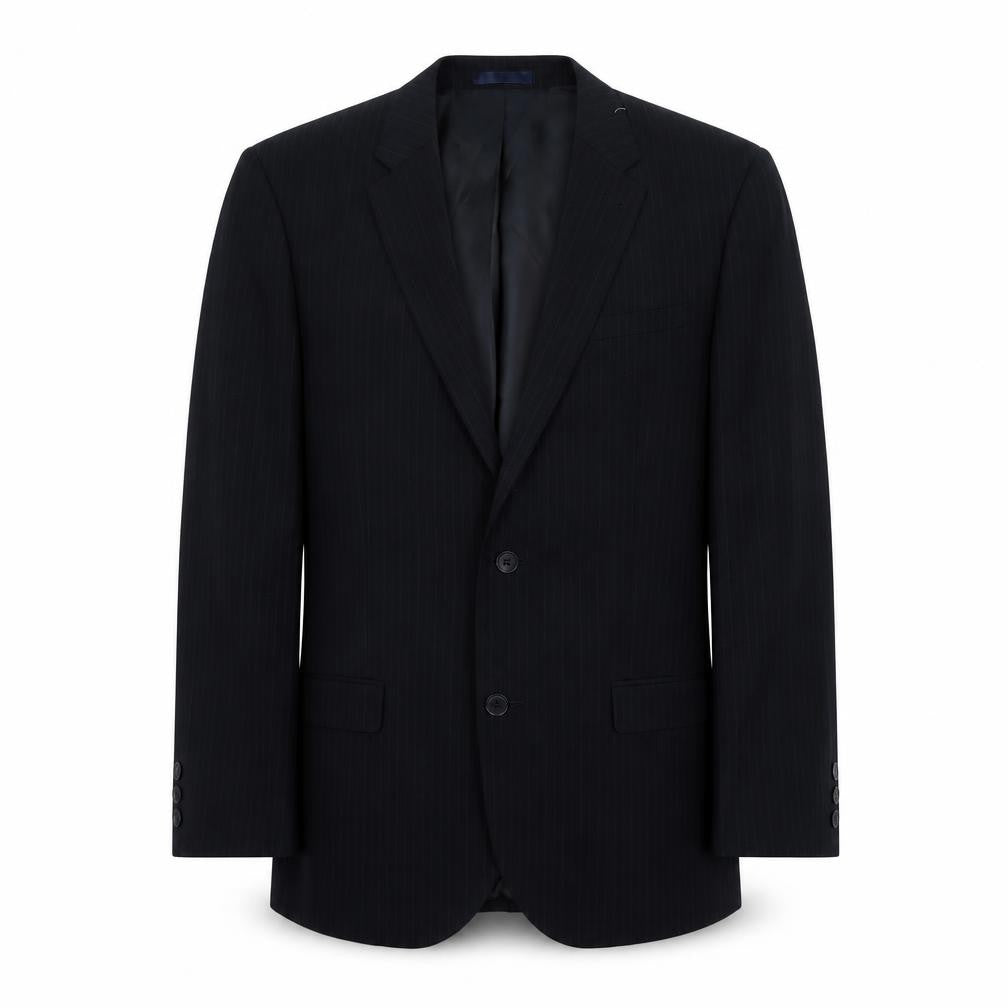 Front view of B&W men’s blue striped polyethylene jacket suit jacket, size M