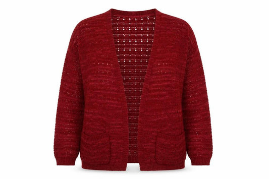 Front view of George women’s red v-neck acrylic cardigan jumper, size UK 12