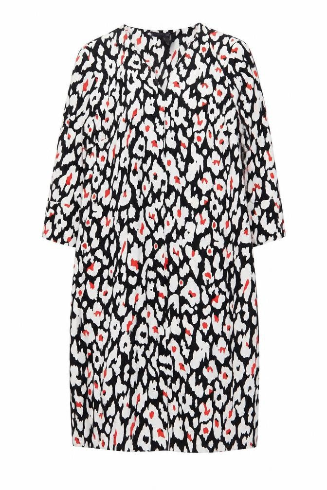 Front view of Marks & Spencer women’s multicoloured geometric polyester a-line, size UK 12, v-neck pullover