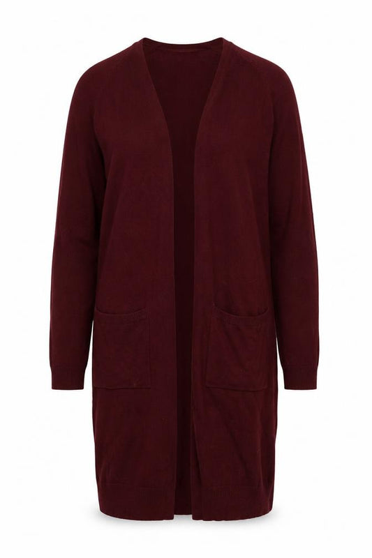 Front view of HeartSoul women’s red round neck acrylic cardigan jumper, size M