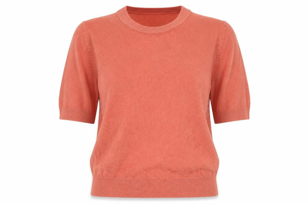 Front view of Marks & Spencer women’s pink round neck acrylic jumper, size UK 16