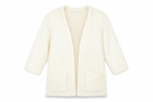 Front view of H&M women’s ivory round neck acrylic cardigan jumper, size M