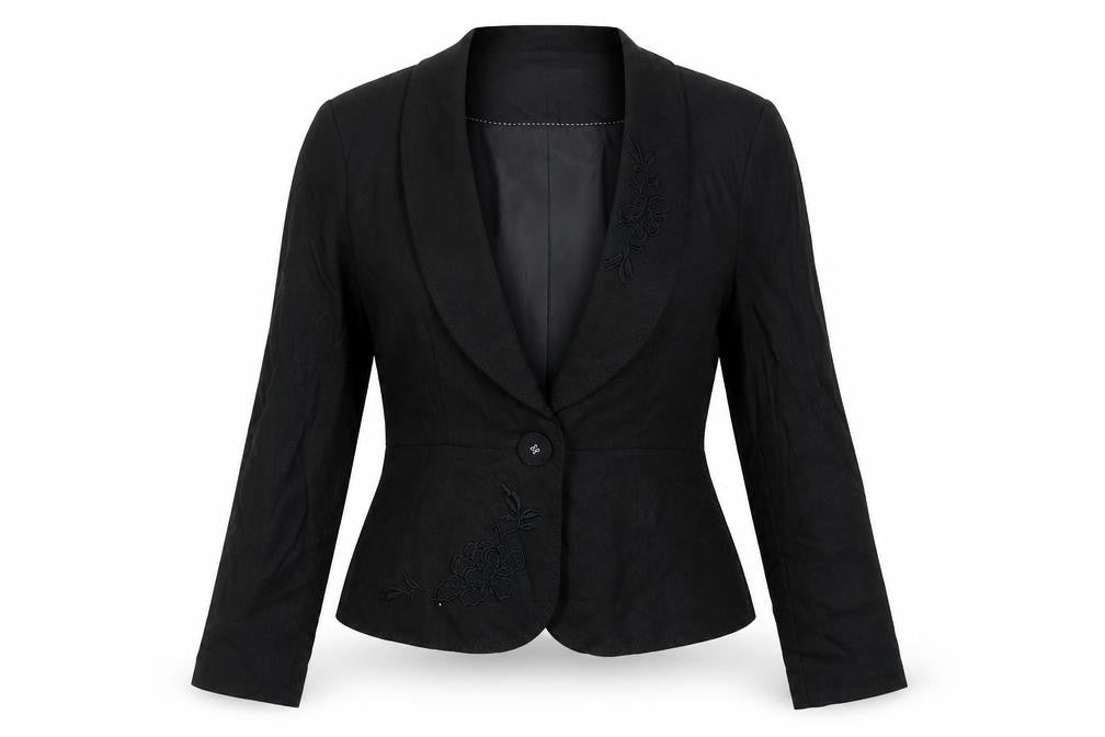 Front view of IEN LONDON women’s black jacket blazer, size UK 8, button