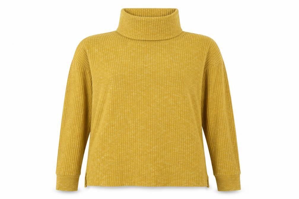 Front view of Nutmeg women’s yellow roll neck viscose jumper, size UK 10, - ribbed