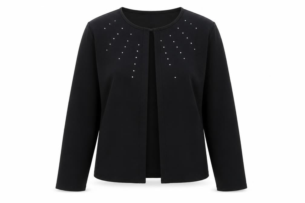 Front view of Select women’s black jacket blazer, size UK 14, hook & eye