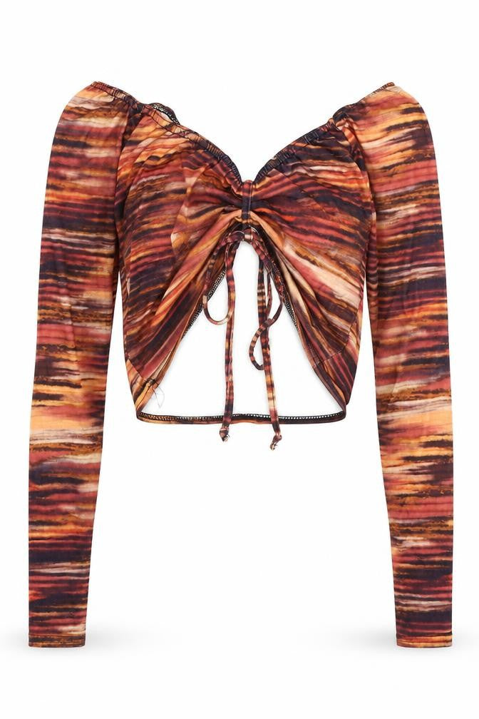 Front view of PRETTYLITTLETHING women’s multicoloured geometric polyester cropped blouse, size UK 10, v-neck - ruched front