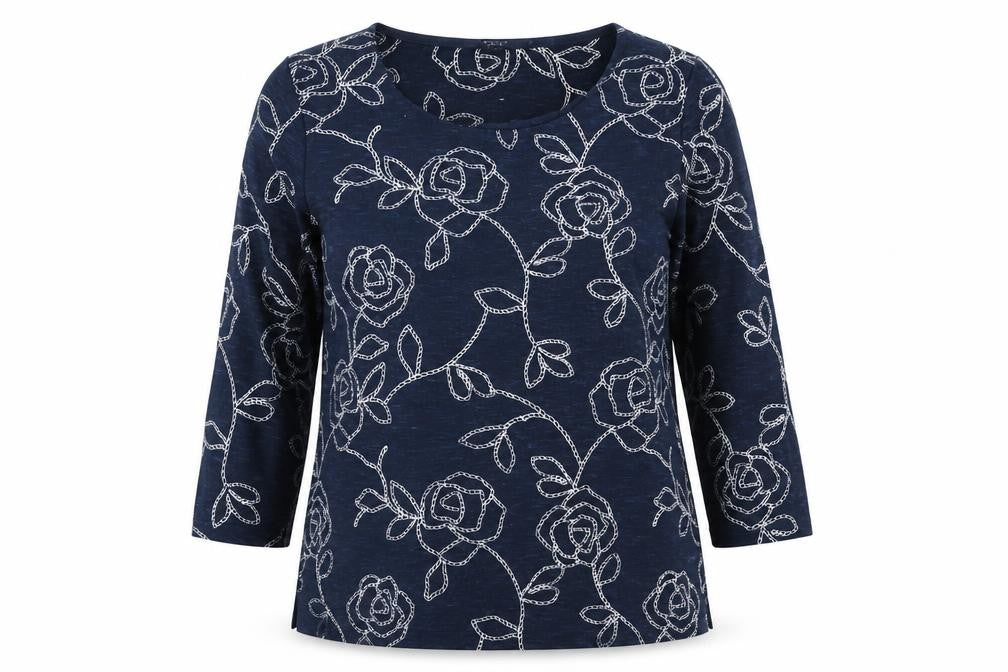 Front view of Love Tees women’s blue floral polyester pullover sweatshirt, size UK 16, pullover