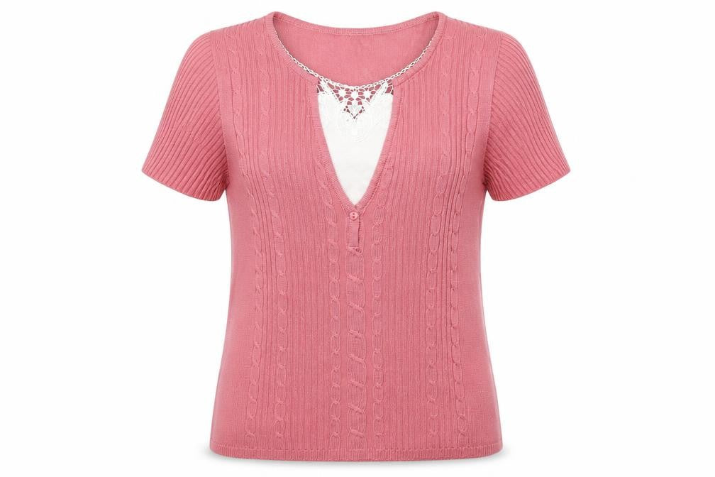 Front view of Damart women’s pink polyester basic t-shirt, size UK 10, v-neck - lace neckline
