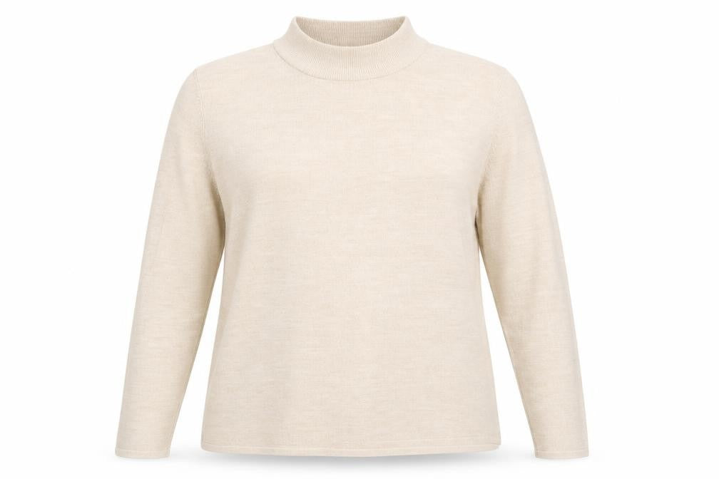 Front view of Bonmarché women’s beige mock neck acrylic jumper, size M
