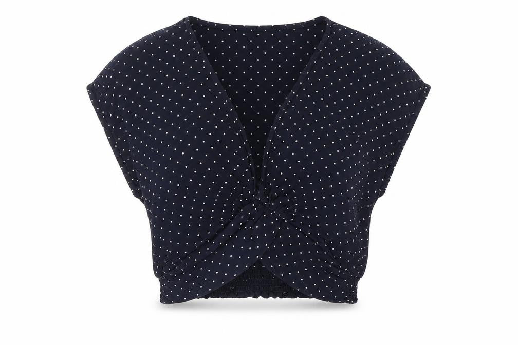 Zara Womens Blue Polka Dot Viscose Cropped Blouse Size 4 V-Neck