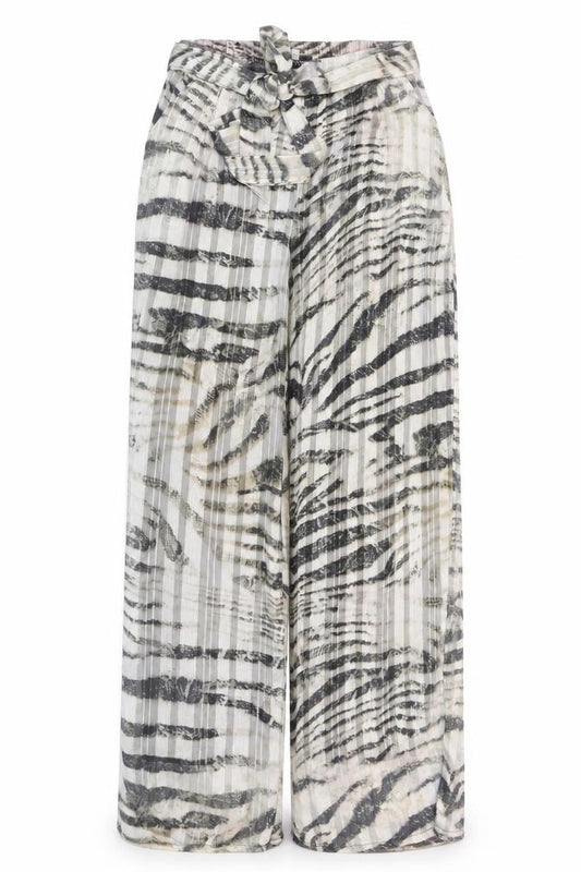 Front view of Feelhoo women’s multicoloured animal print polyester windbreaker trousers, size S, 30-inch leg regular tie