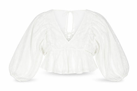 Front view of ASOS women’s white geometric polyester basic blouse, size UK 6, v-neck