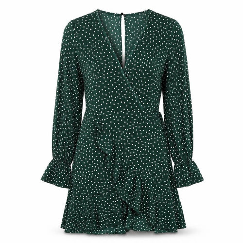 SheIn Womens Green Polka Dot Polyester Skater Dress Size S V-Neck Button