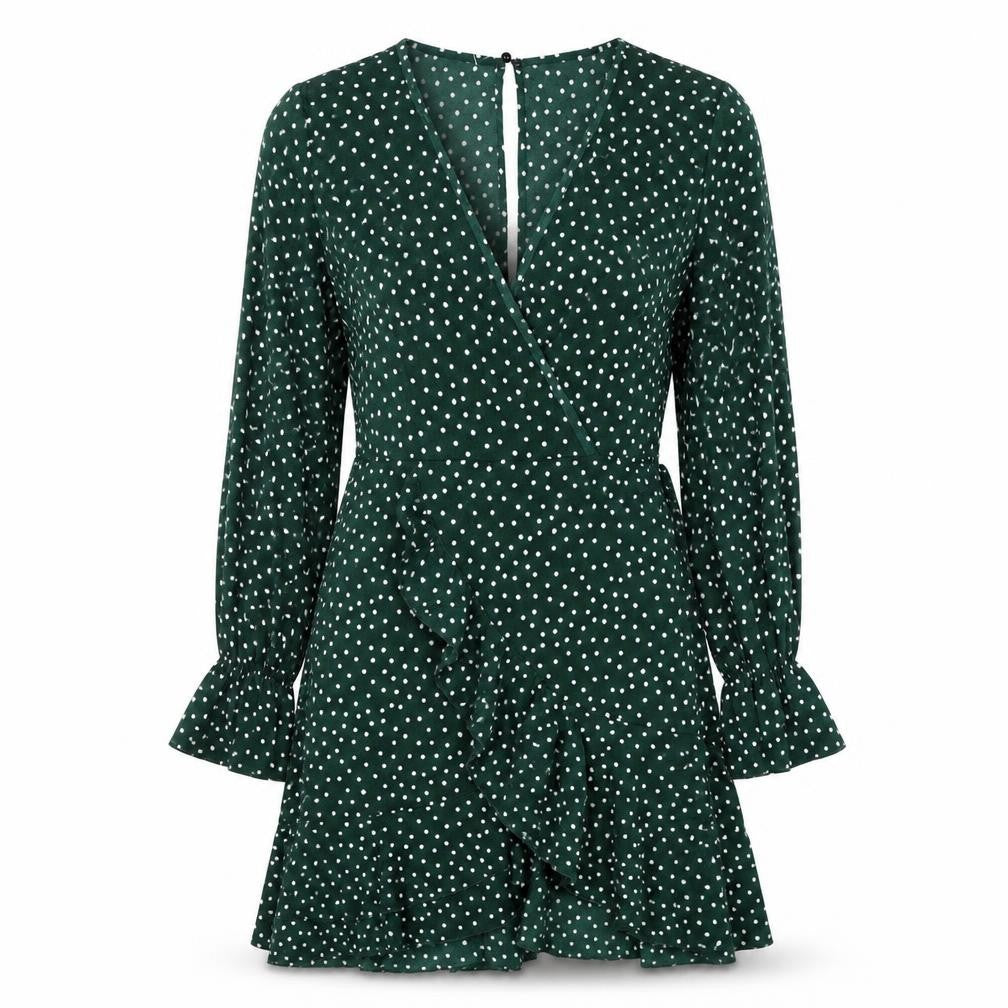 SheIn Womens Green Polka Dot Polyester Skater Dress Size S V-Neck Button
