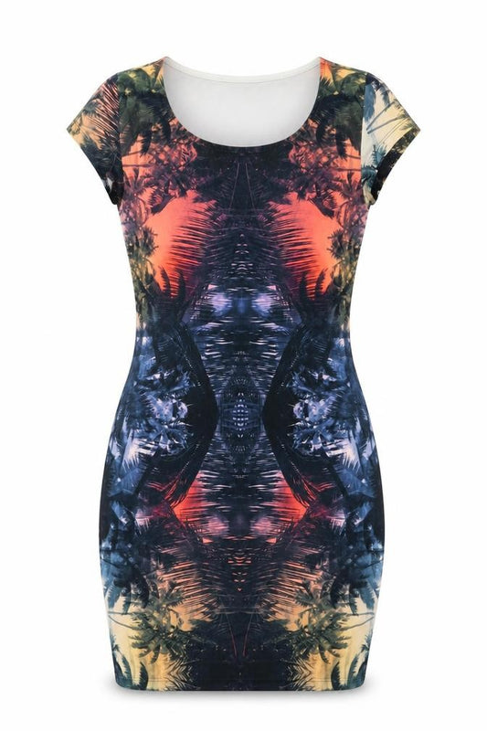 Front view of River Island women’s multicoloured floral polyester bodycon, size UK 10, scoop neck pullover