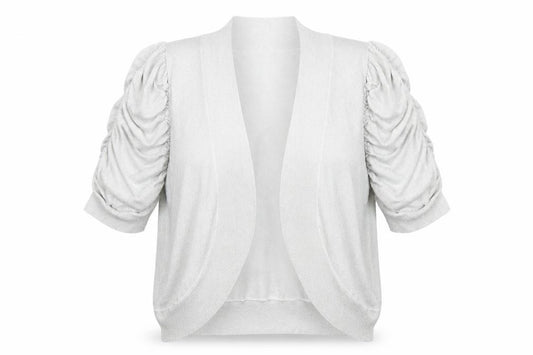 Front view of Agenda women’s silver v-neck viscose cardigan jumper, size UK 18, - ruched sleeves