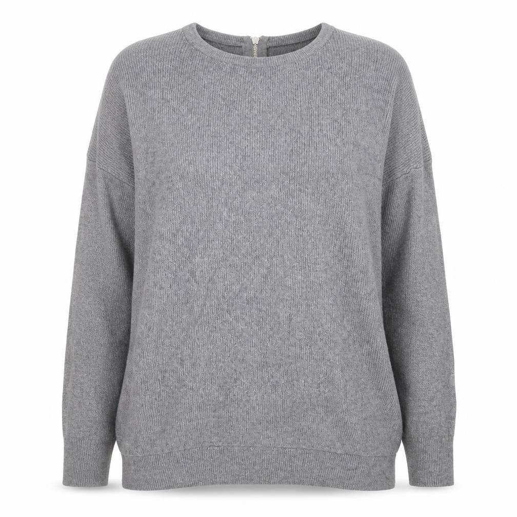 Front view of Atmosphere women’s grey round neck viscose jumper, size UK 10