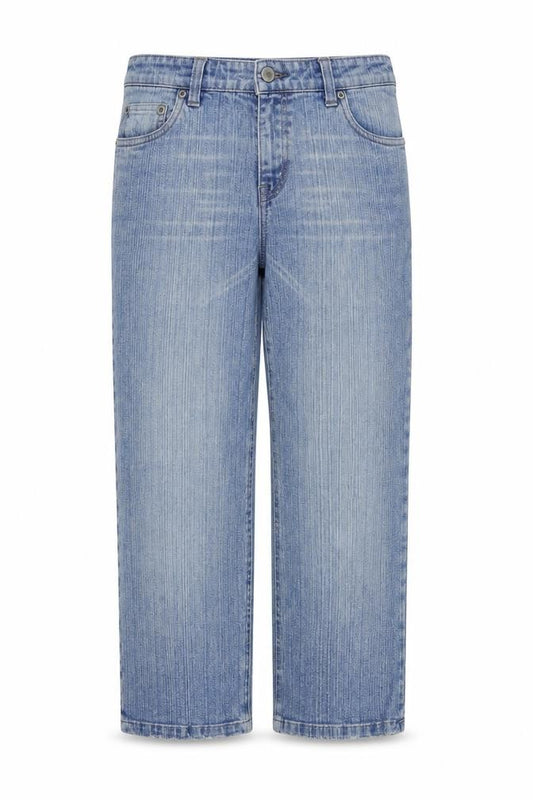 Front view of Denim & Co. women’s blue cotton cropped jeans, size UK 10, 23-inch leg regular button
