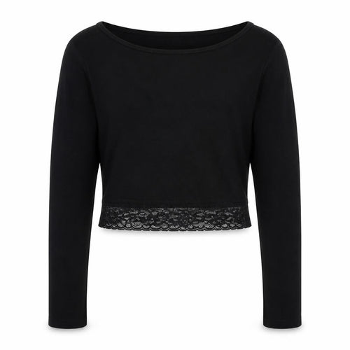 Select Girls Black Viscose Cropped T-Shirt Size 12-13 Years Scoop Neck Pullover - Lace Detail