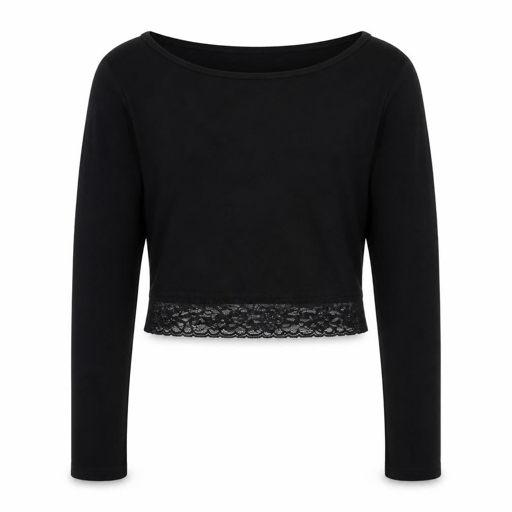 Select Girls Black Viscose Cropped T-Shirt Size 12-13 Years Scoop Neck Pullover - Lace Detail