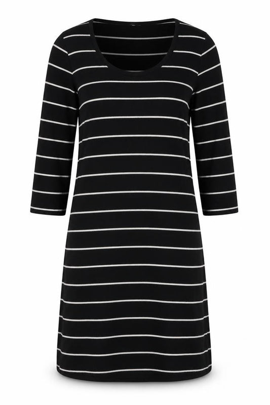 Front view of H&M women’s black striped polyester a-line, size XS, scoop neck pullover