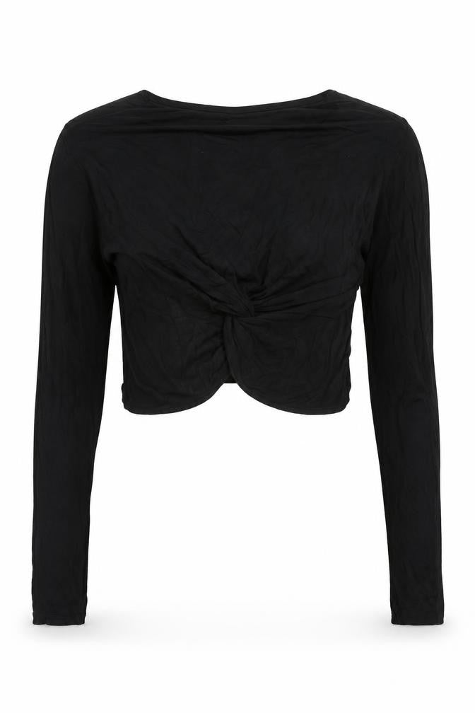 Front view of PRETTYLITTLETHING women’s black polyester cropped t-shirt, size UK 10, round neck