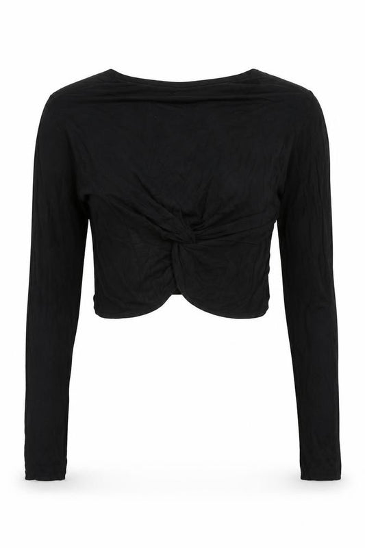 Front view of PRETTYLITTLETHING women’s black polyester cropped t-shirt, size UK 10, round neck
