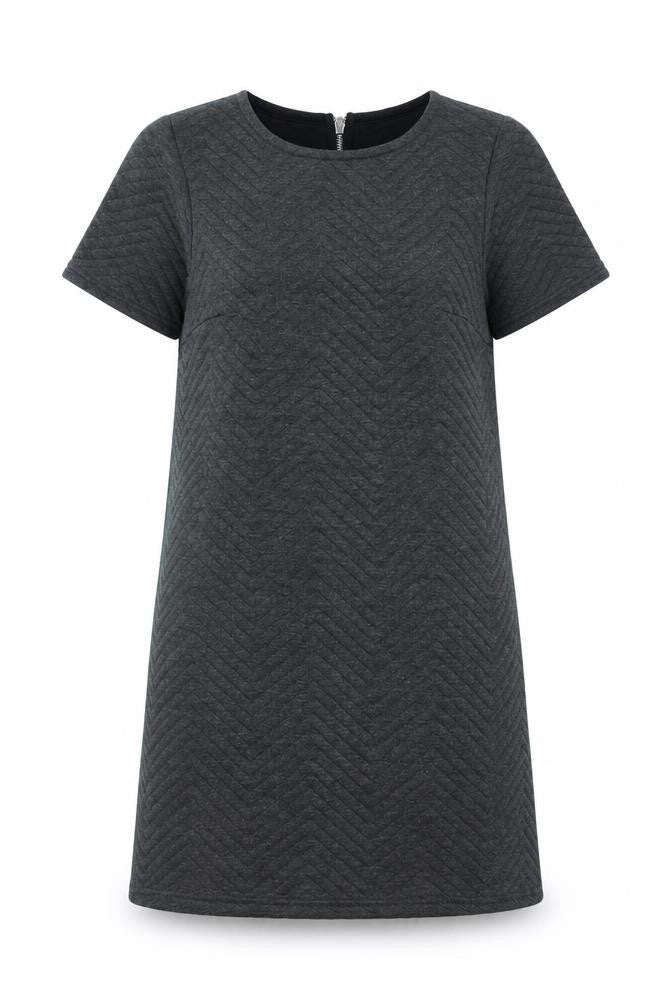 Front view of Blonde + Blonde women’s grey polyester a-line, size UK 6, round neck zip