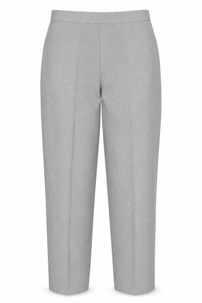 Front view of Emma women’s grey polyester trousers, size UK 12, 26-inch leg regular