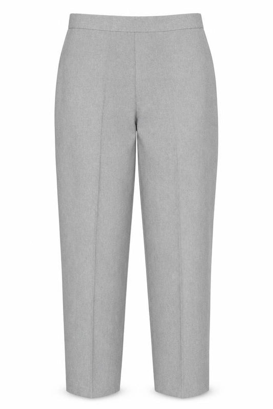 Front view of Emma women’s grey polyester trousers, size UK 12, 26-inch leg regular