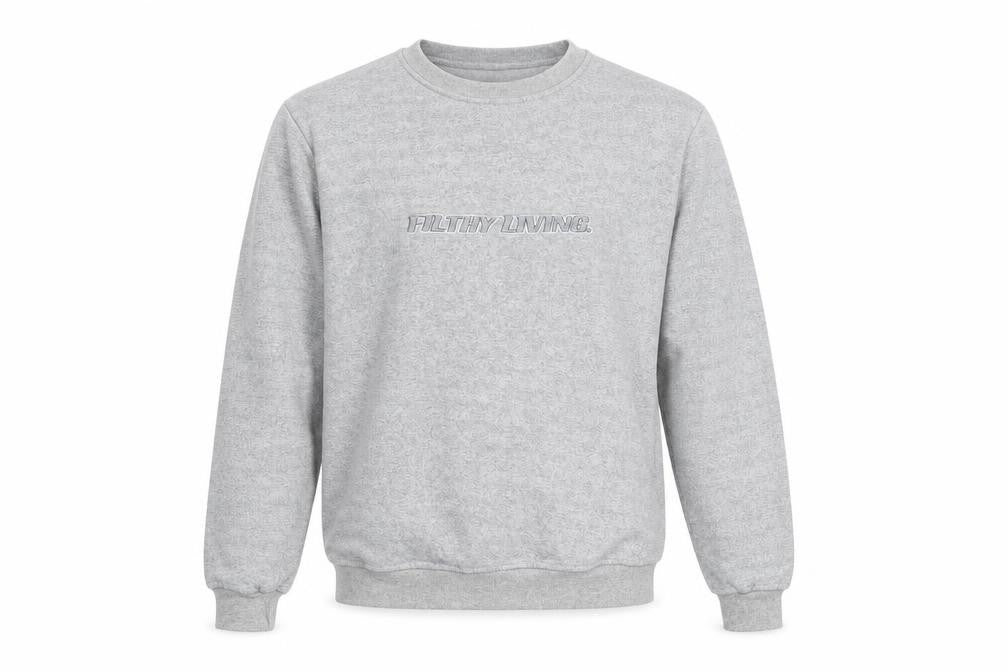 Front view of Filthy Living men’s grey round neck polyester jumper, size S
