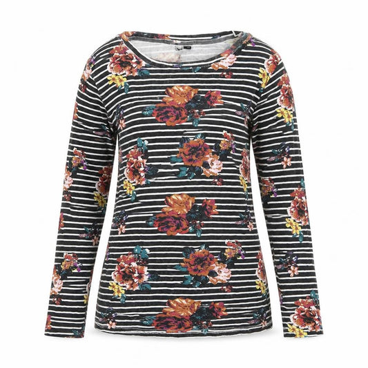 Front view of Preworn women’s multicoloured floral polyester jersey t-shirt, size UK 8, round neck