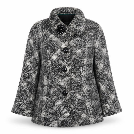 Front view of Per Una women’s grey plaid jacket, size UK 12, button