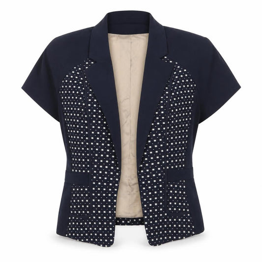 Front view of Marks & Spencer women’s blue geometric jacket blazer, size UK 8, hook & eye