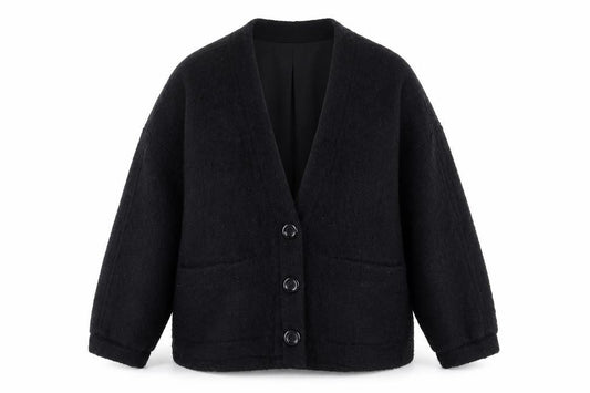 Front view of Joan women’s black round neck polyester cardigan jumper, size M