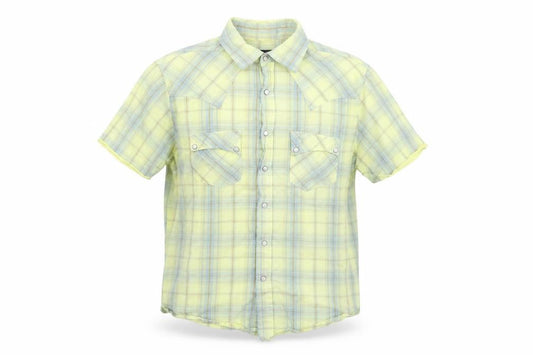 Front view of Peter Werth women’s yellow plaid 100% cotton basic button-up, size S, collared