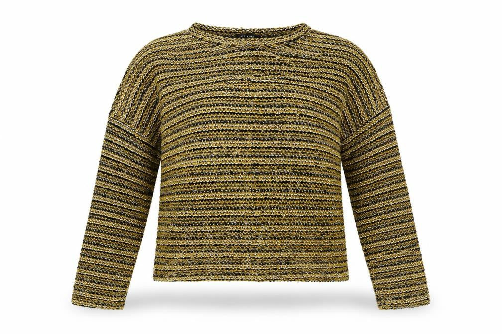 Front view of New Look women’s yellow round neck striped polyester jumper, size S