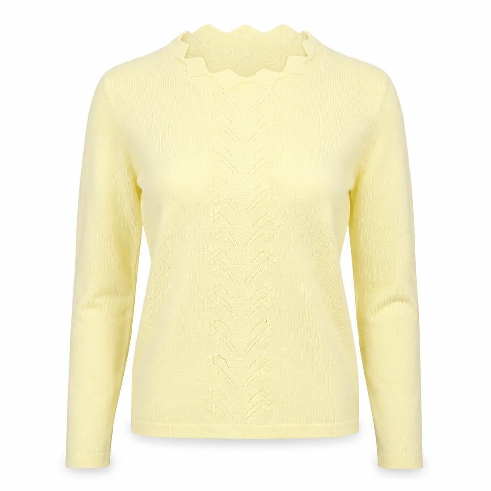 Front view of Dorothy Perkins women’s yellow round neck viscose jumper, size UK 8