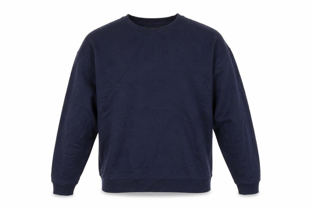 Front view of Boohoo men’s blue polyester pullover sweatshirt, size M