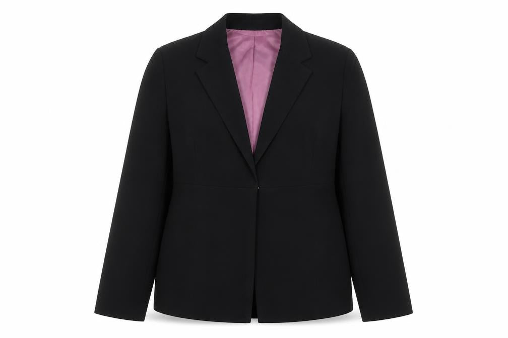 Front view of Etam women’s black jacket blazer, size UK 14, hook & eye