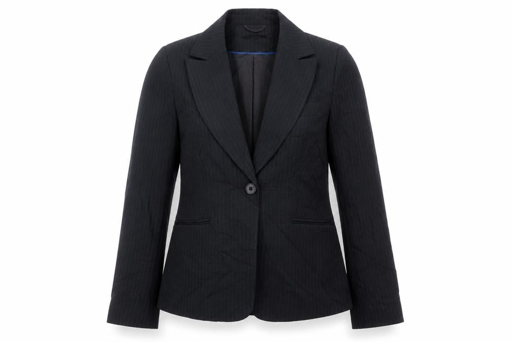 Front view of Atmosphere women’s black striped jacket blazer, size UK 12, button
