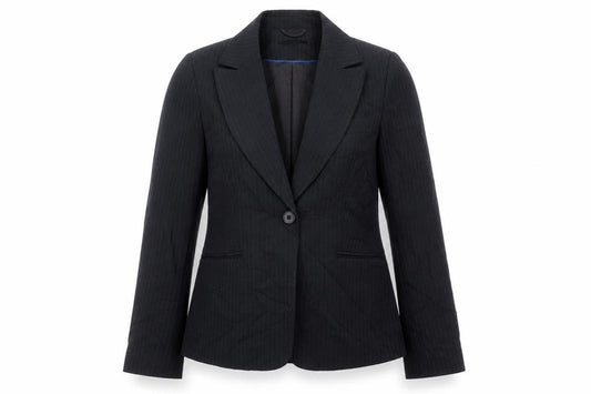 Front view of Atmosphere women’s black striped jacket blazer, size UK 12, button