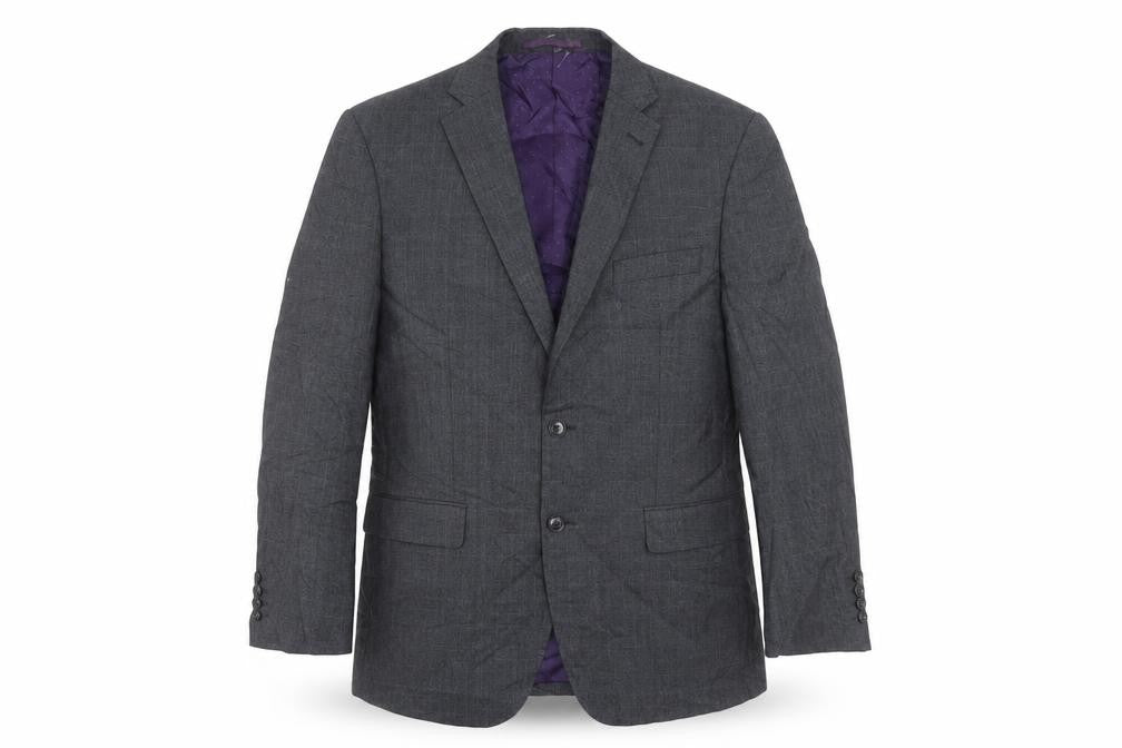Front view of George men’s grey plaid polyester jacket suit jacket, size 40