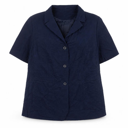 Front view of Essence women’s blue jacket blazer, size UK 18, button