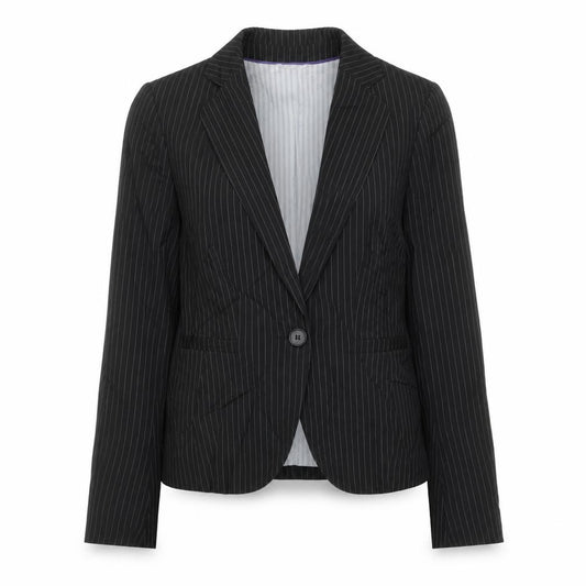 Front view of Oasis women’s black striped jacket blazer, size UK 10, button