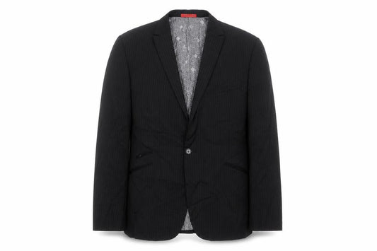Front view of Skopes men’s blue striped polyester jacket suit jacket, size 44
