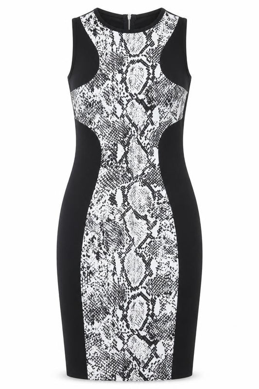 Front view of Papaya women’s black animal print polyester bodycon, size UK 10, crew neck zip